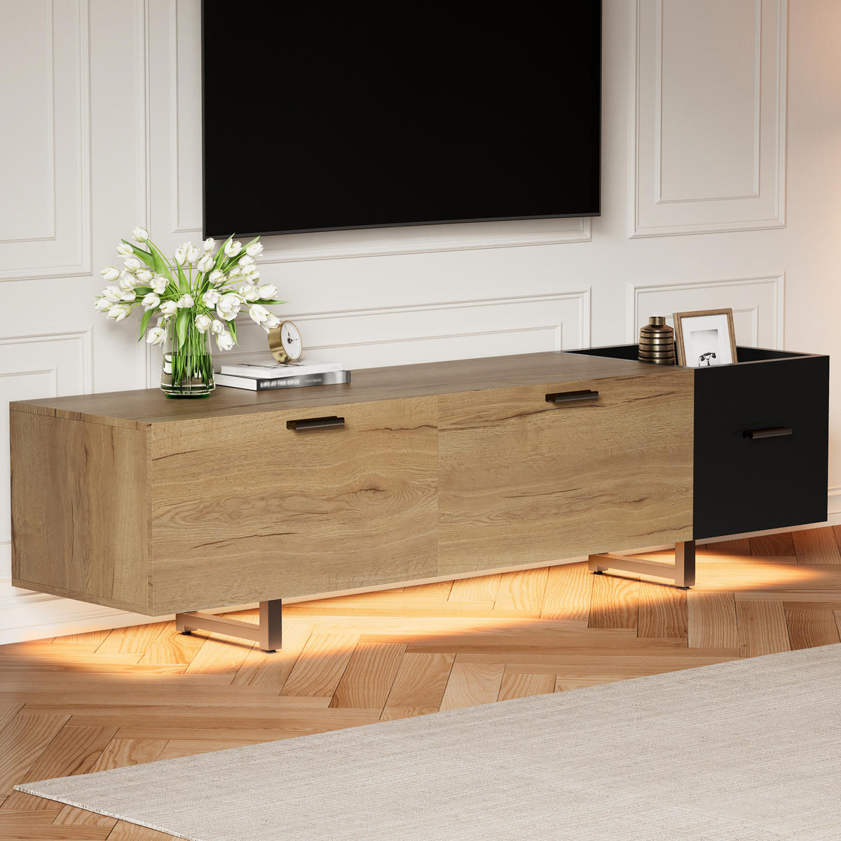 TV-SCHRANK aus Holzwerkstoff 180x38x49 cm Naturholz/Schwarz mit LED-Beleuchtung und Schubladen - Schwarz, Holzwerkstoff (180/49/38cm) - Modfu