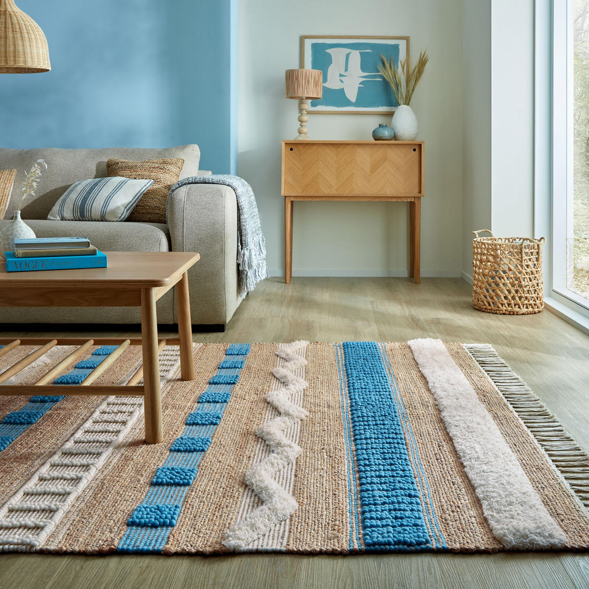 TEPPICH Hoch-Tief Struktur Gestreift, Ethno-Stil, mit Fransen wendbar, Esszimmer Natur-Blau Rechteckig 160x230 - Blau, Textil (160/230cm) - KADIMA DESIGN