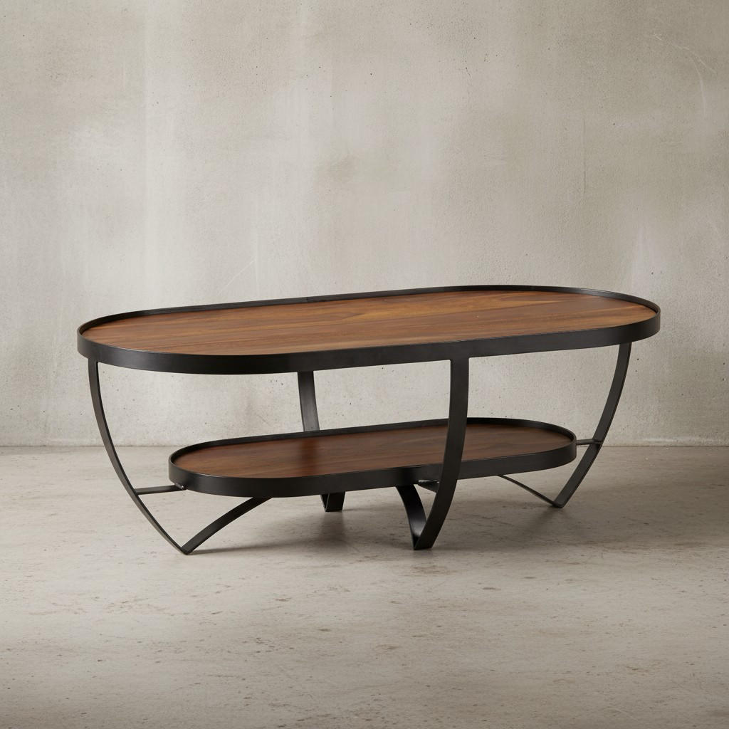 COUCHTISCH Sheesham Massivholz Metall Oval 100x50x37,5 cm mit Stauraum Modern - Sheeshamfarben/Schwarz, Holz/Metall (50/100/38cm) - KADIMA DESIGN