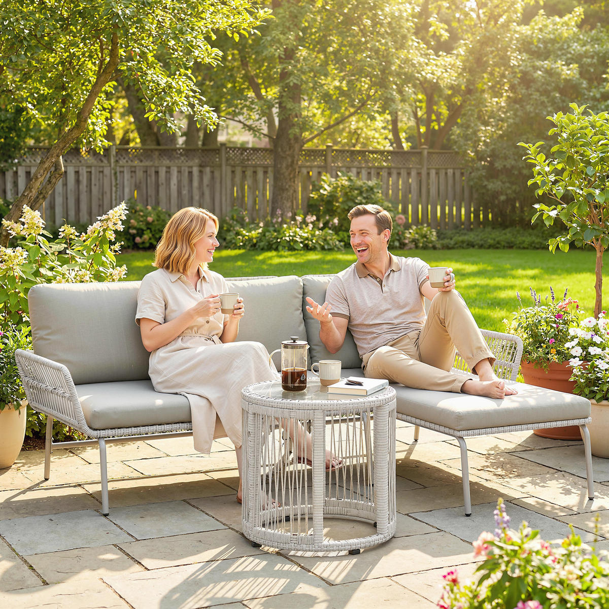 RATTAN-GARTENMÖBEL-SET 3er Set PE-Rattan Metall Hellgrau - Hellgrau, Kunststoff/Textil - Outsunny