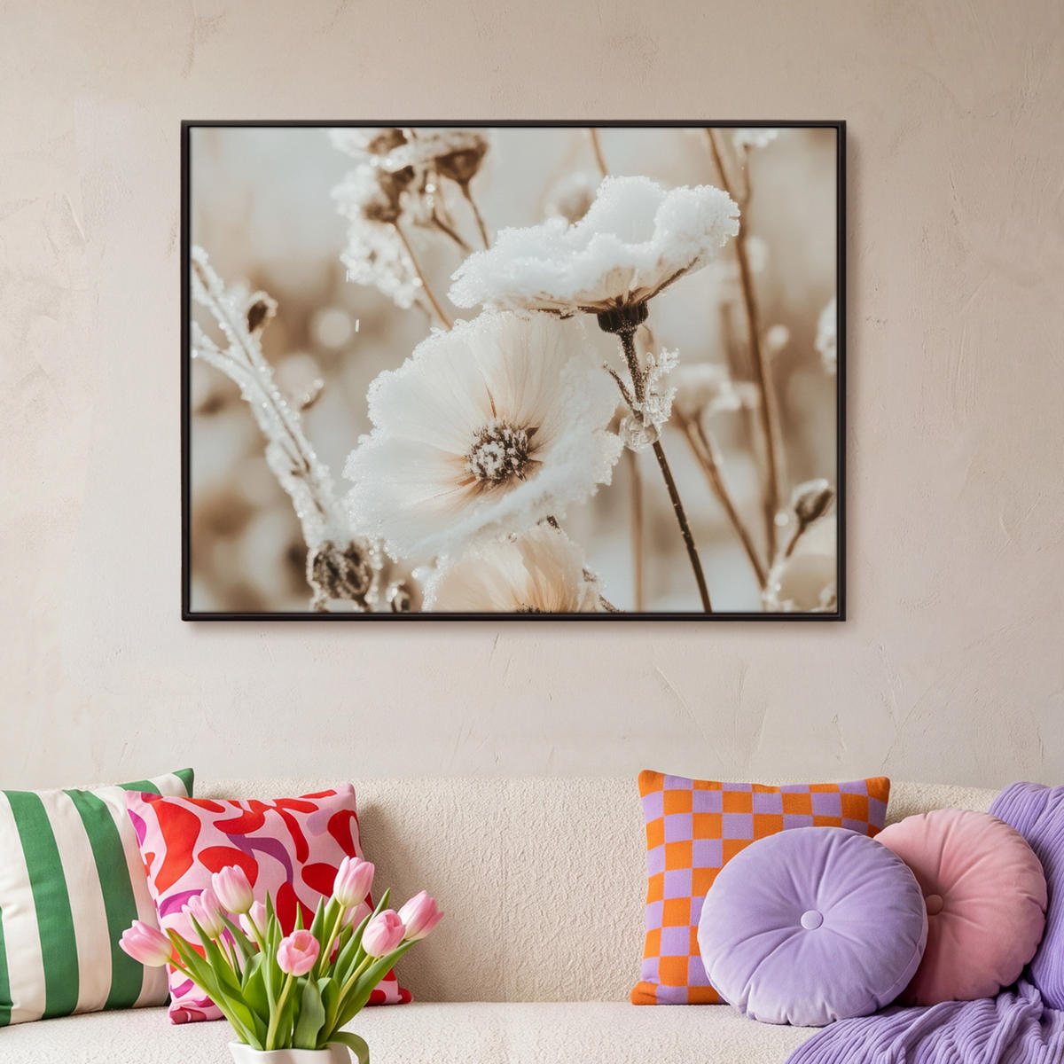 LEINWAND Bilder mit Rahmen - Blumen - Winter - Weiß - Schnee - Beige - 100x70 - Creme, Textil (100/70cm) - MuchoWow