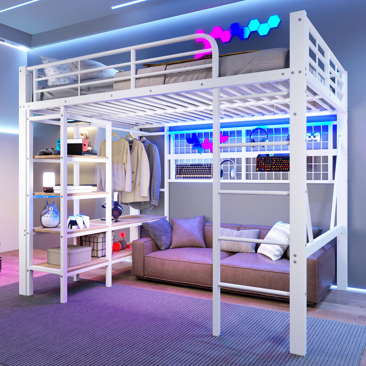 HOCHBETT 140/200 cm weiß aus Metall mit LED-Lichtleiste und Ablagefach - Weiß, Metall (140/200cm) - OKWISH