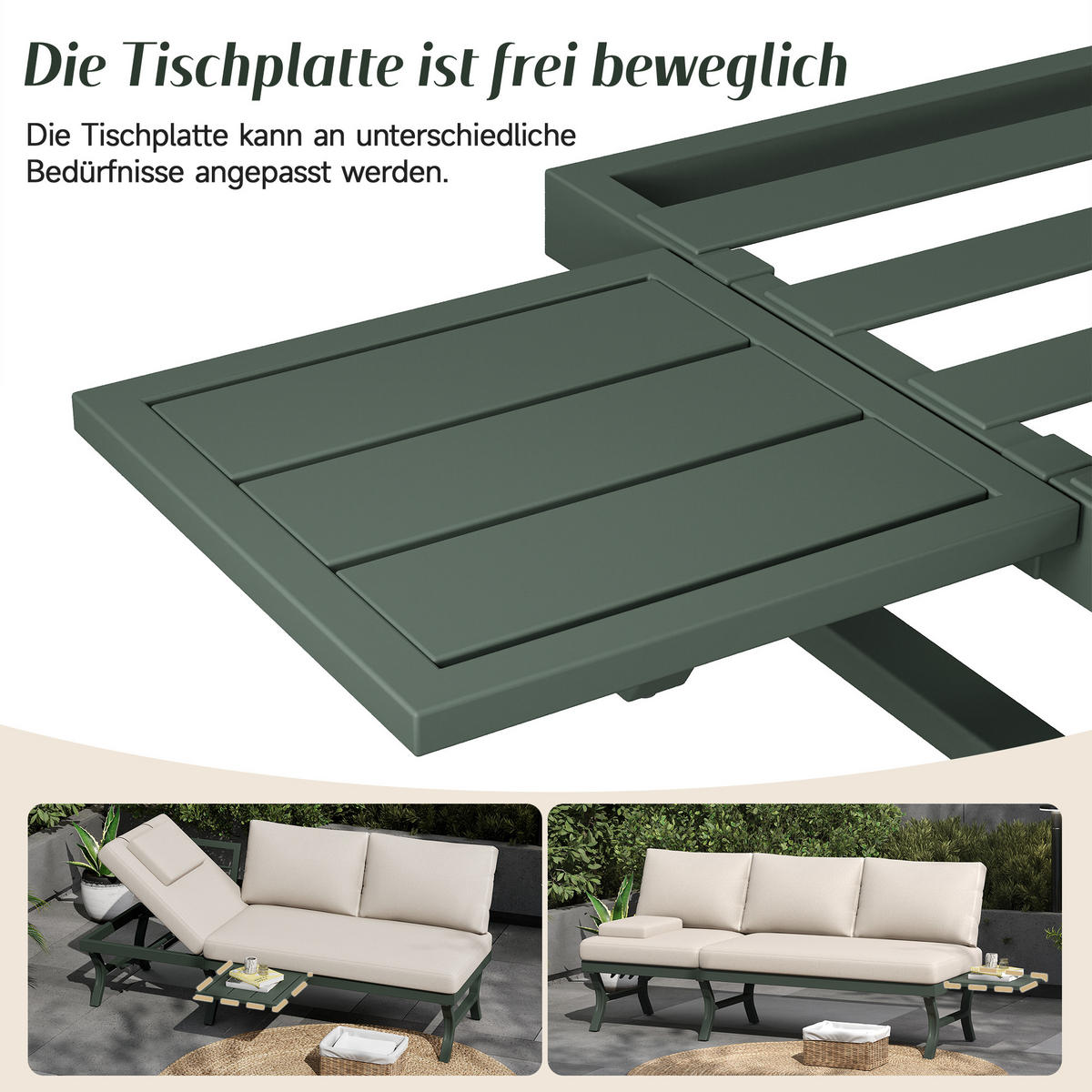 GARTENMÖBEL-SET 3-Sitzer Sofa Verstellbar Tisch Stahl Grün - Grün, Textil - FLIEKS