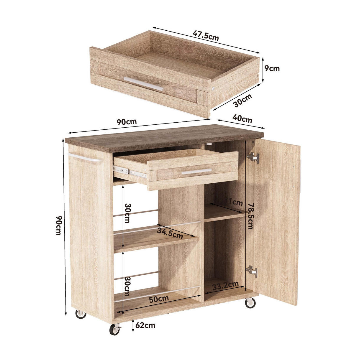KÜCHENWAGEN mit Schublade 90 x 62 x 90 cm MDF Natural - Naturfarben, Holz (40/89.5/96cm) - Beauniv