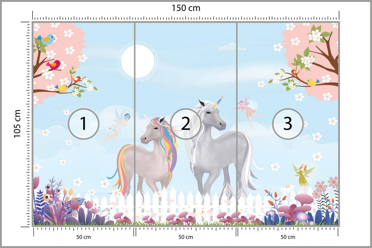 FOTOTAPETE für Kinderzimmer Einhörner Wiese Vögel Bäume Blumen 150x105 - Multicolor, Papier (150/105cm) - Muralo