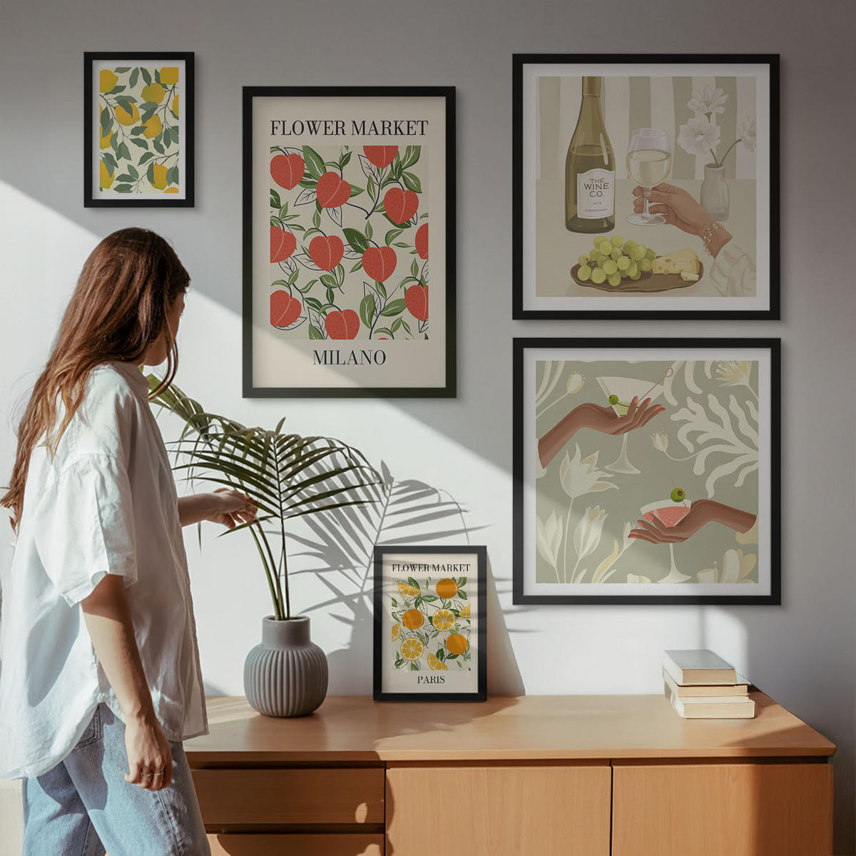 BILDER SET 5er Set - 50x50 cm & 20x30 cm & 40x60 cm Schwarzer Rahmen - Strandmotive, Muscheln, Wellen - Schwarz, Kunststoff (40/60cm) - TULUP