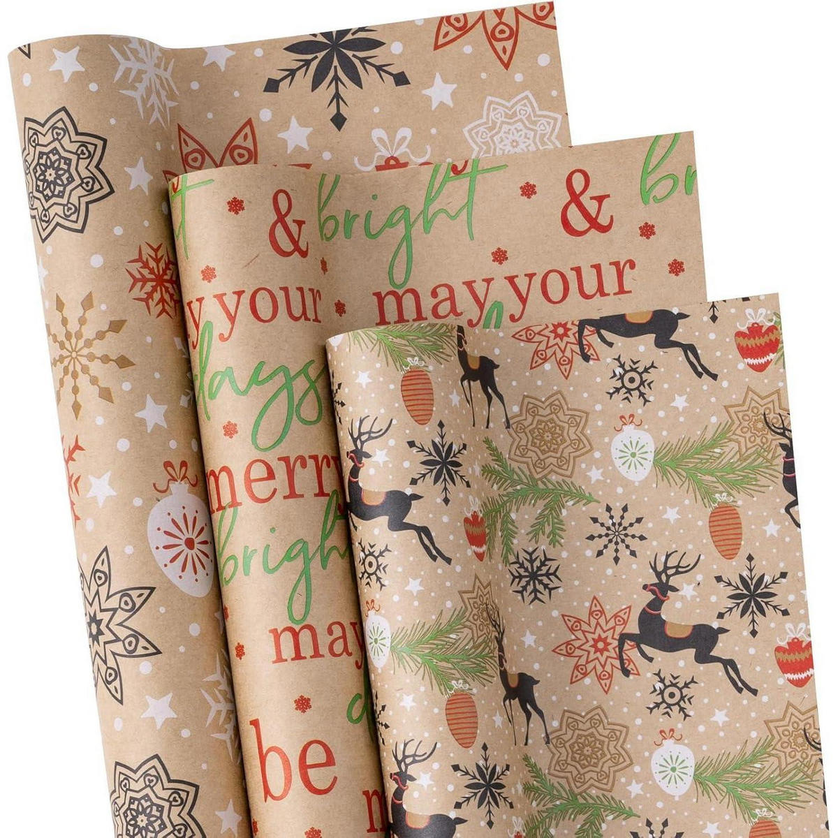 GESCHENKPAPIER 3er Set Kraftpapier Weihnachten 43,2 cm x 3 m - Multicolor, Papier (4/44/10cm)