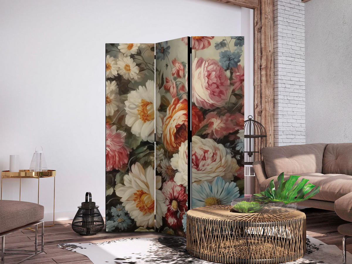 PARAVENT Einseitig Bedruckter 3-tlg 135x172 cm Wildblumen im Retro - Multicolor, Holz/Textil (135/172/3cm) - Muralo