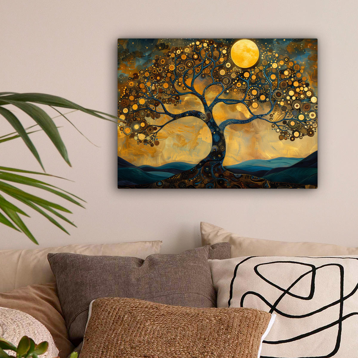 LEINWANDBILD Baum - Mond - Blumen - Gold - Kunst Wandbild 40x30 cm - Orange, Textil (40/30cm) - MuchoWow
