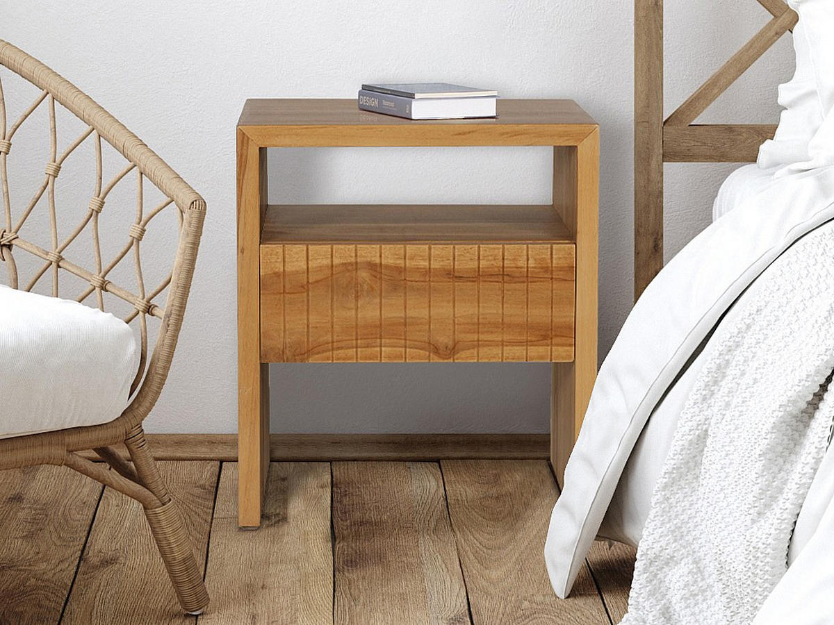 2ER-SET Nachttische – 1 Schublade & 1 Fach – Teakholz – Naturfarben – REVUKA - Naturfarben, Holz (45/52/39cm) - Vente-Unique