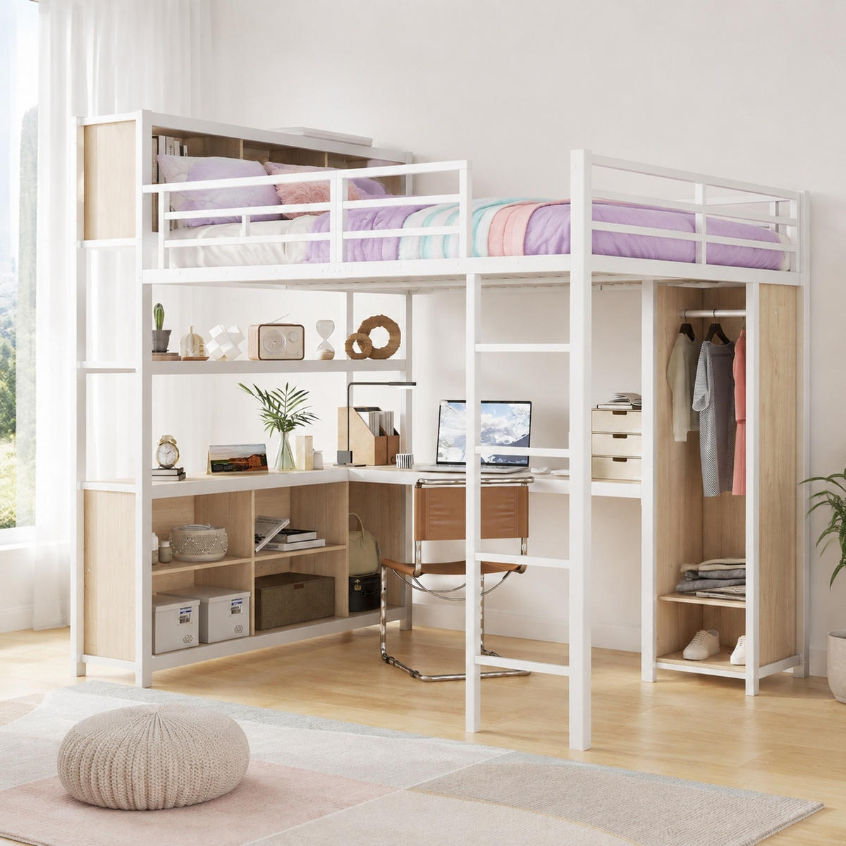 HOCHBETT 140/200 mit Schreibtisch, Kleiderschrank und Stauraum in Weiß und Natur - Weiß, Holzwerkstoff/Metall (140/200cm) - EVRYAE