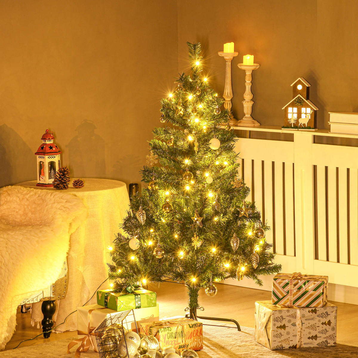 WEIHNACHTSBAUM Tannenbaum mit Deko 80/120 LEDs 307 Spitzen Ø75 x 120H cm - Grün, Kunststoff/Metall (120cm) - HOMCOM
