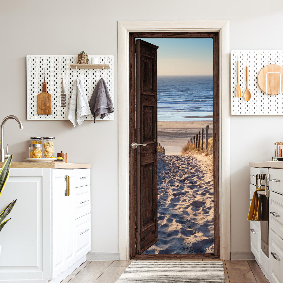 TÜRAUFKLEBER Selbstklebend - Fensterblick - Strand - Meer - Weg - Dünen 95x215 cm - Türtapete - Sandfarben, Kunststoff (95/0.1cm) - MuchoWow