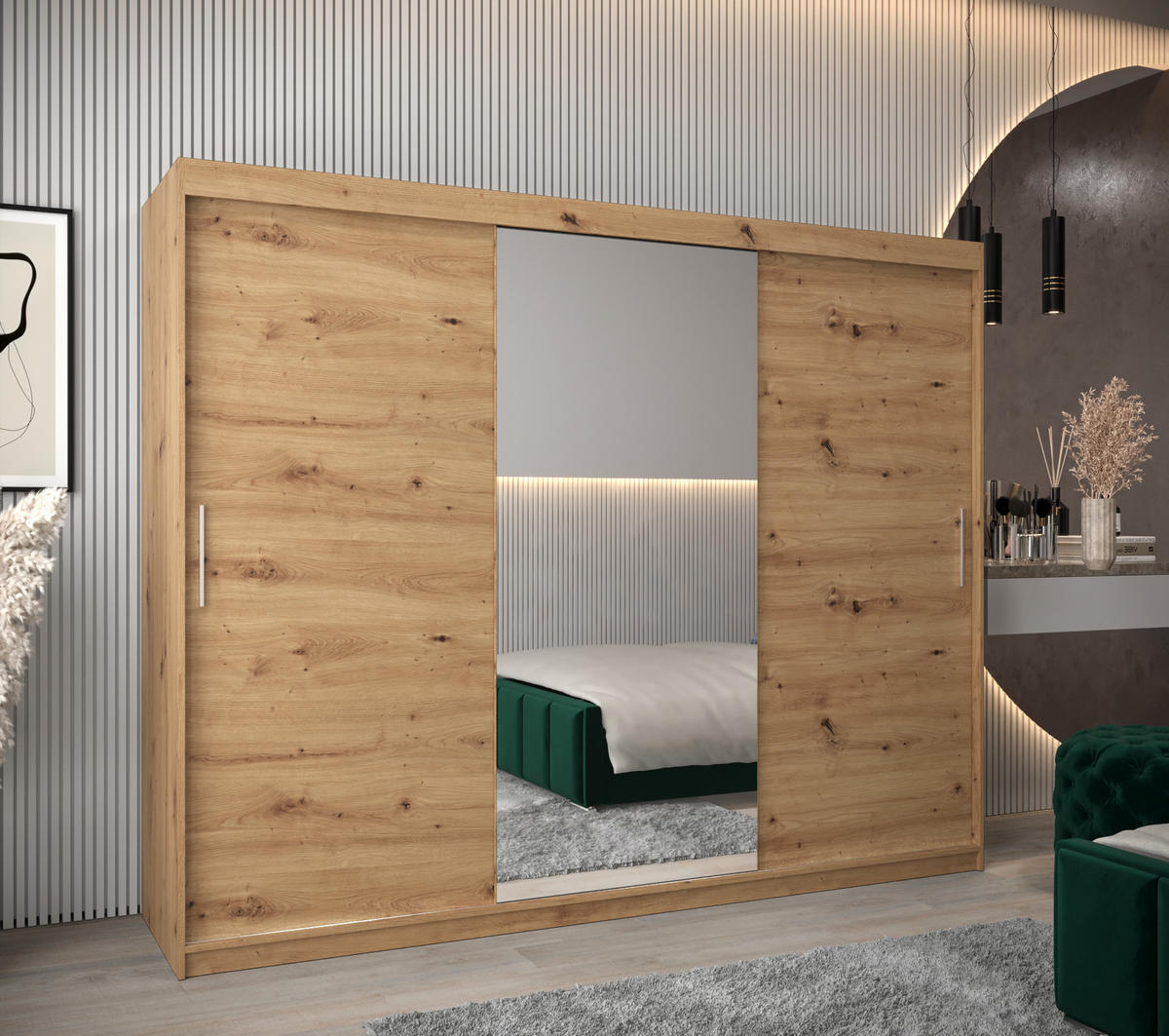 SCHWEBETÜRENSCHRANK 200/250/62 3-türig - Silberfarben/Eiche Artisan, Holz/Kunststoff (250/200/62cm) - MÖBEL KRYSPOL