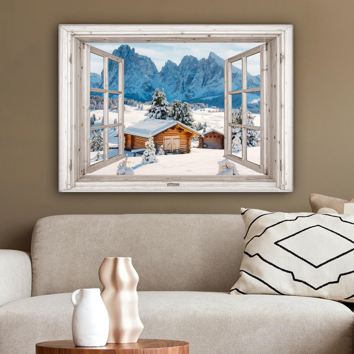 LEINWANDBILD Winterlandschaft - Hütte - Berge - Ausblicke - Aussicht - Natur Wandbilder 80x60 cm - Weiß Hochglanz, Textil (80/60cm) - MuchoWow