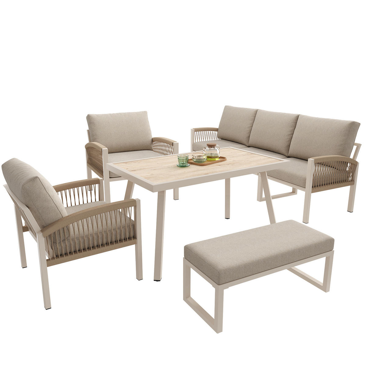 GARTEN-LOUNGE-SET für 7 Personen mit Stahlrahmen & Coffeetable Glas in Holzoptik, 173,5/65/62,5 cm, Beige - Beige, Metall - Redom