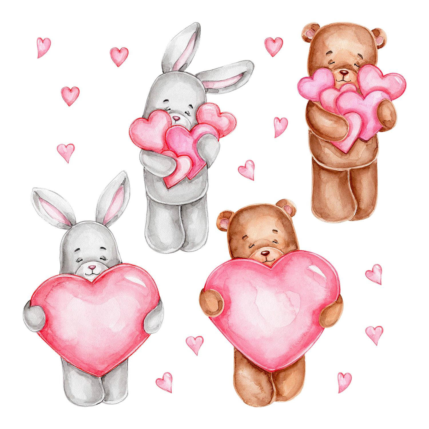 WANDAUFKLEBER 80x134cm - Niedliche Teddybären und Kaninchen - Multicolor, Kunststoff (80/134/0.1cm) - Wallfluent