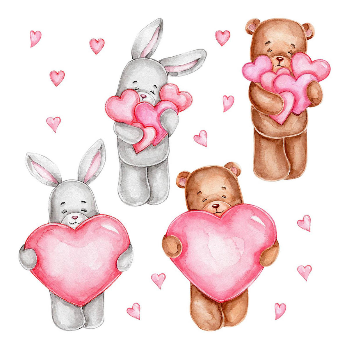 WANDAUFKLEBER 80x134cm - Niedliche Teddybären und Kaninchen - Multicolor, Kunststoff (80/134/0.1cm) - Wallfluent