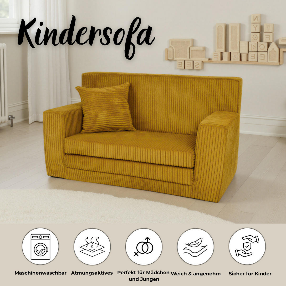 KINDERSOFA aus Kuschel-Cord in Honigfarben - Honig, Textil (83/47/43cm) - Fortisline