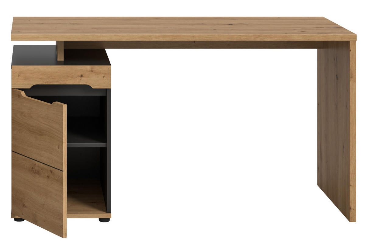 SCHREIBTISCH Eiche Artisan, Grau 138 cm, Container mit Soft-Close - Schwarz/Eiche Artisan, Holzwerkstoff/Kunststoff (60/138/75cm) - Inn.Furn