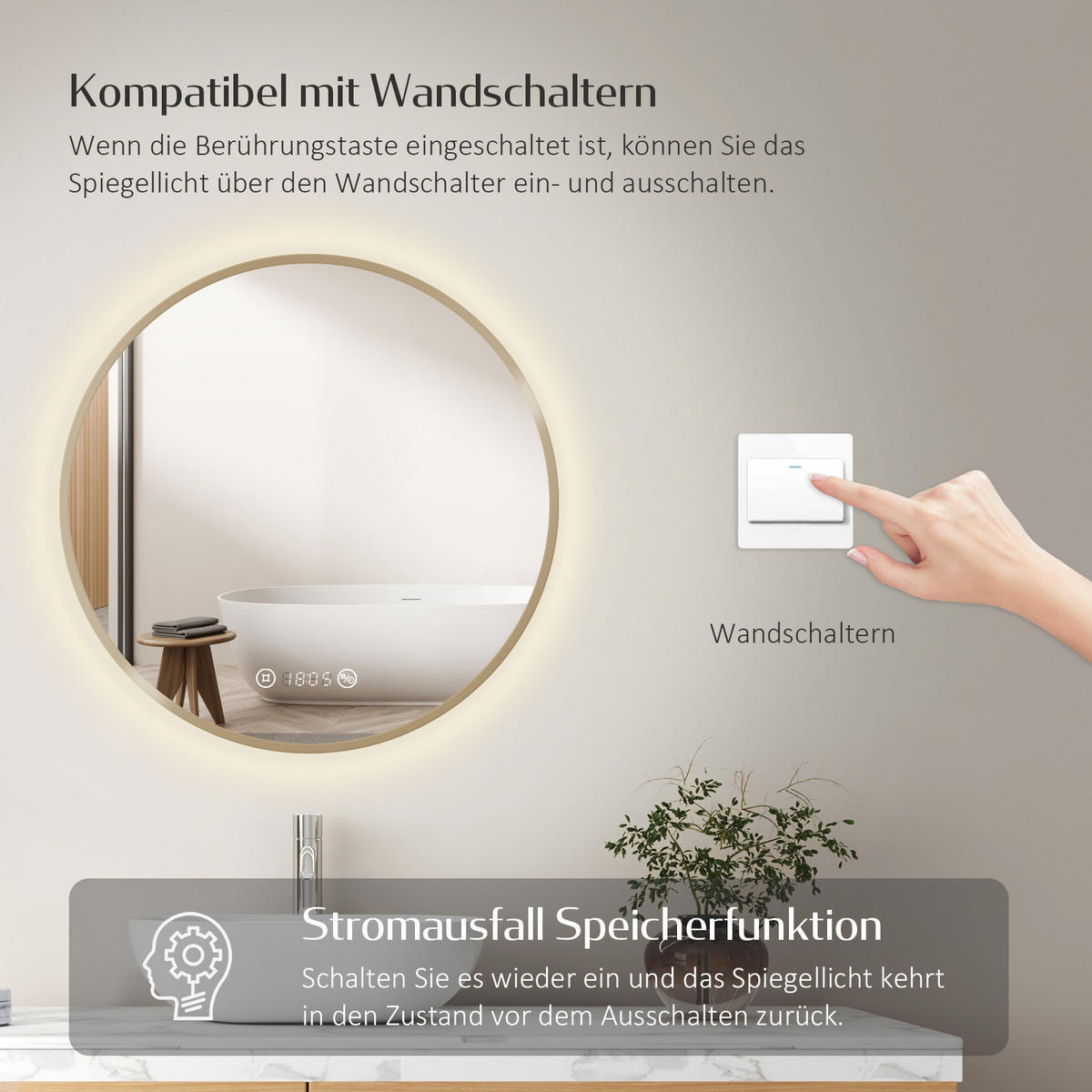 BADSPIEGEL Rund mit Beleuchtung Gold ф70 cm - Goldfarben, Glas (70/3.1/70cm) - EMKE