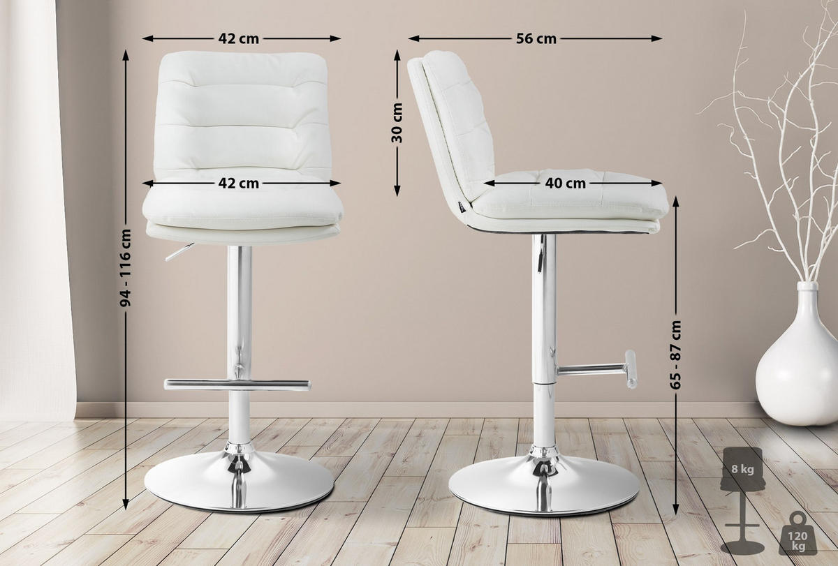 BARHOCKER 2er Set Lederlook weiß - Chromfarben/Weiß, Textil/Metall (42/94/56cm) - CLP