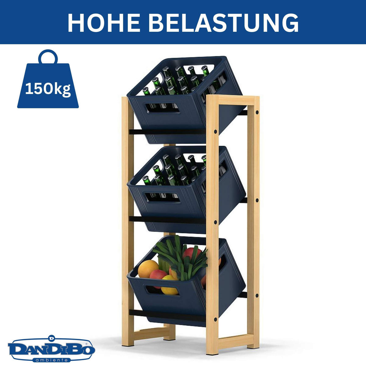 GETRÄNKEKISTENREGAL 3 Kisten Holz Bambus Metall 96656 - Edelstahlfarben, Holzwerkstoff (54/112/32cm) - DanDiBo