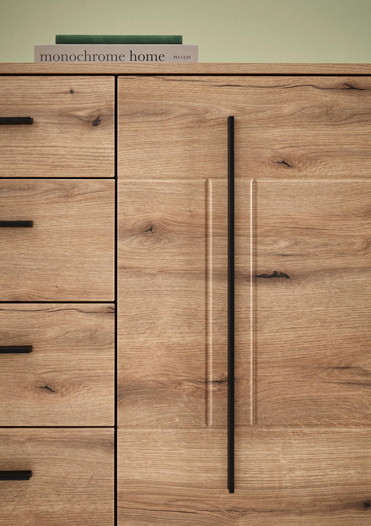 WOHNWAND Eiche Evoke, Wohnkombination 3-teilig mit Soft-Close - Eichefarben/Schwarz, Glas/Holzwerkstoff (290/200/42cm) - Furn.Design