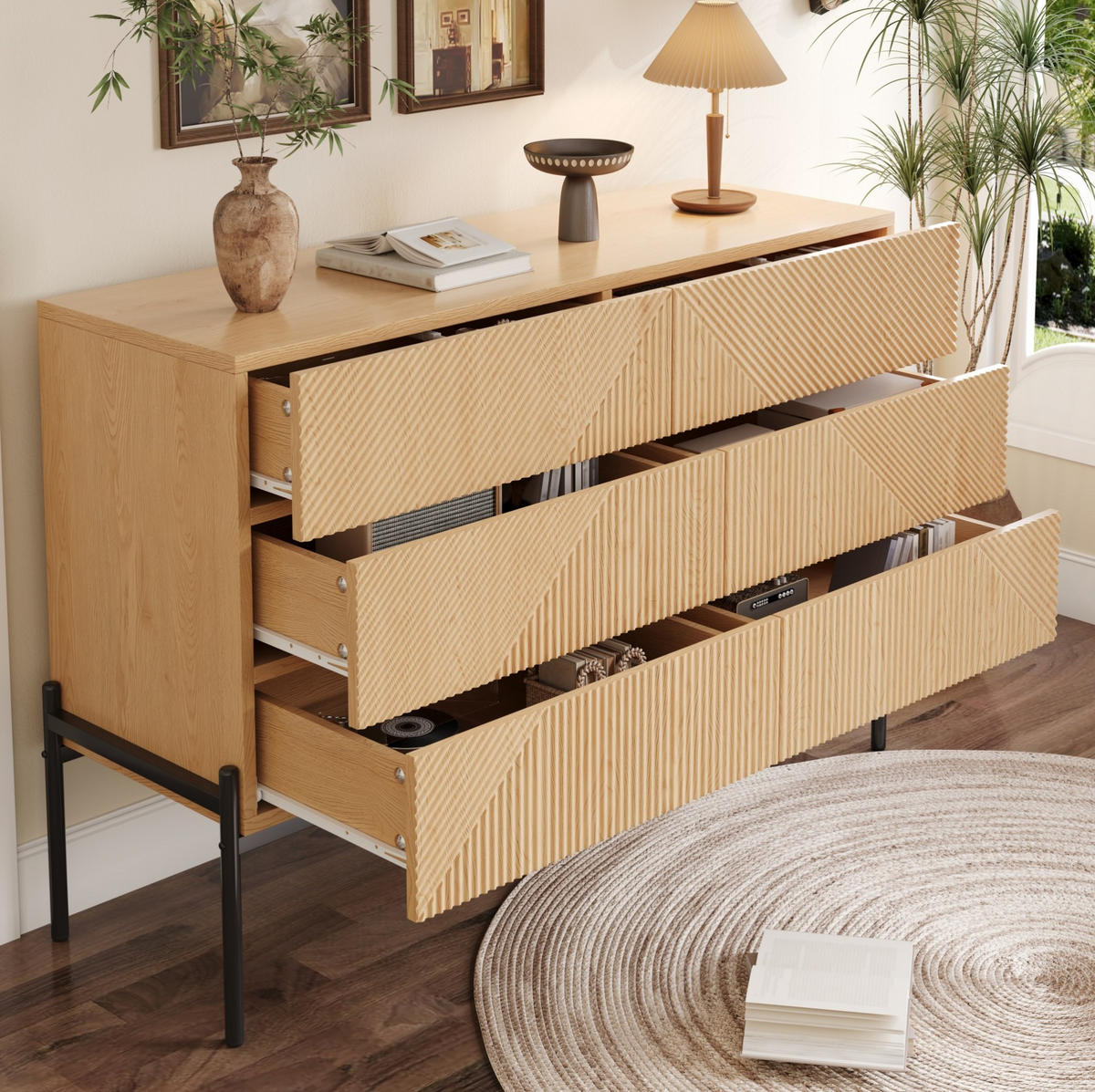 SIDEBOARD 115,5/38/75 cm in Natur mit 6 Schubladen und 3D-Front - Naturfarben, Holzwerkstoff (115.5/75/38cm) - Flora Grace