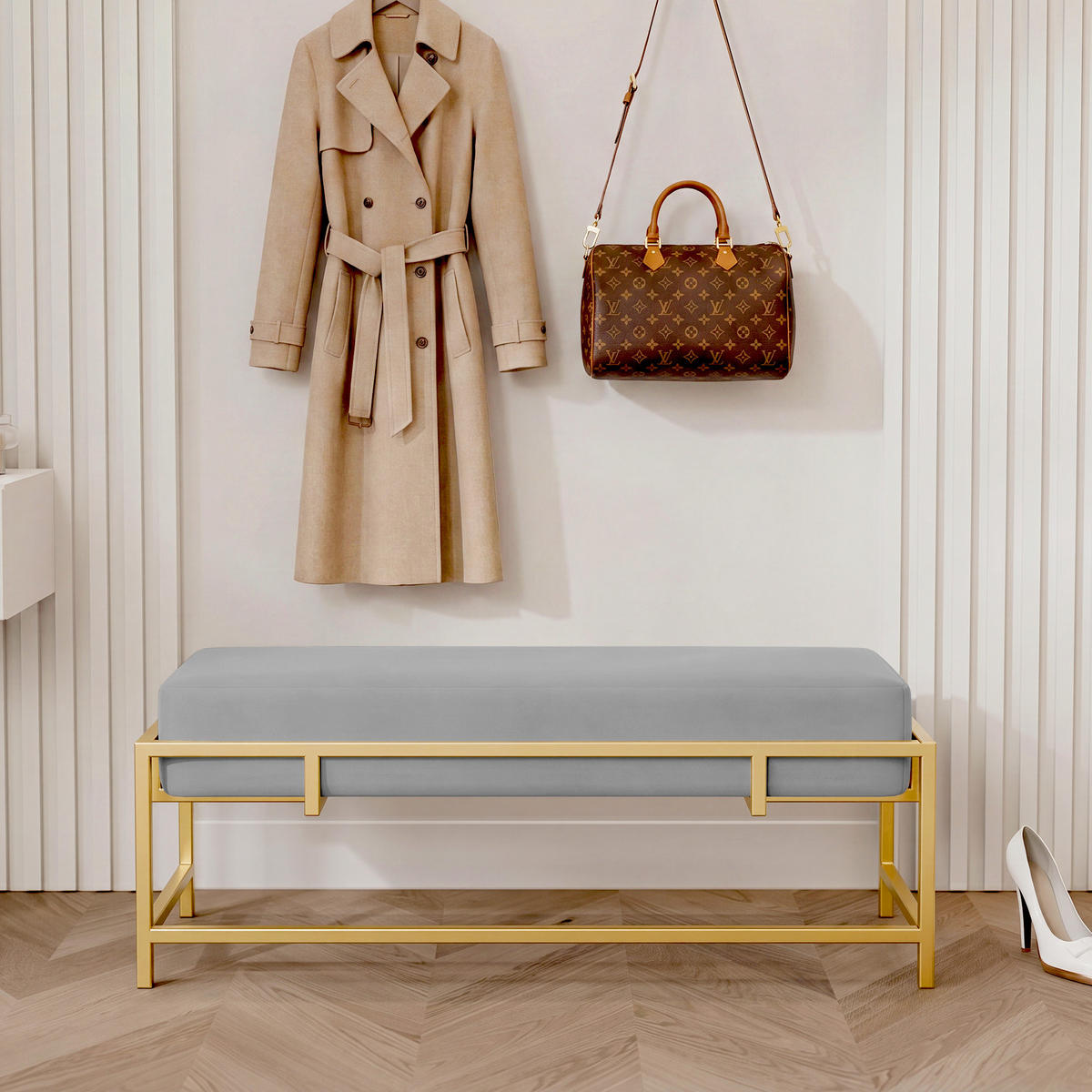 POLSTERBANK GLAM 100 cm Gold / Grau ,Metallgestell - Grau, Metall (100/45/35cm) - Idohome