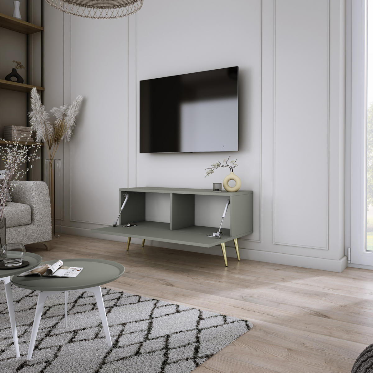 TV-SCHRANK : Aloe, 100 x 52 x 32 cm, Goldene Beine - Goldfarben/Grün, Holzwerkstoff/Metall (100/52/32cm) - 3XE LIVING