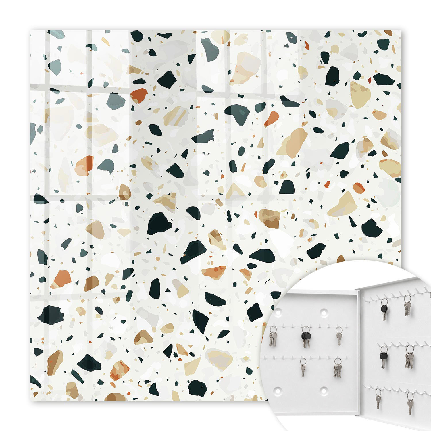 SCHLÜSSELBOX Weiß 30x30 cm – Türöffnung nach rechts - Terrazzo-Muster - Grau, Metall (30/30/5cm) - TULUP