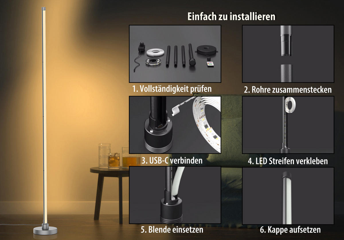 LED-ECKLAMPE - mit Fernbedienung und Soundsensor für RGB- und warmweiße Beleuchtung in Grau - Grau, Kunststoff (15.5/15.5/147.5cm) - Northpoint