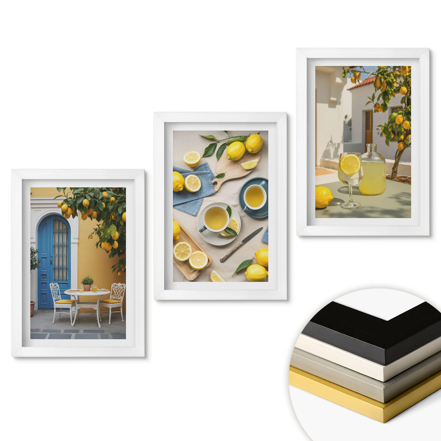 WANDBILDER 3er-Set - 20x30 cm Weißer Rahmen - Zitronenlimonade blaue Tür - Weiß, Kunststoff (20/30cm) - ArtPrintCave