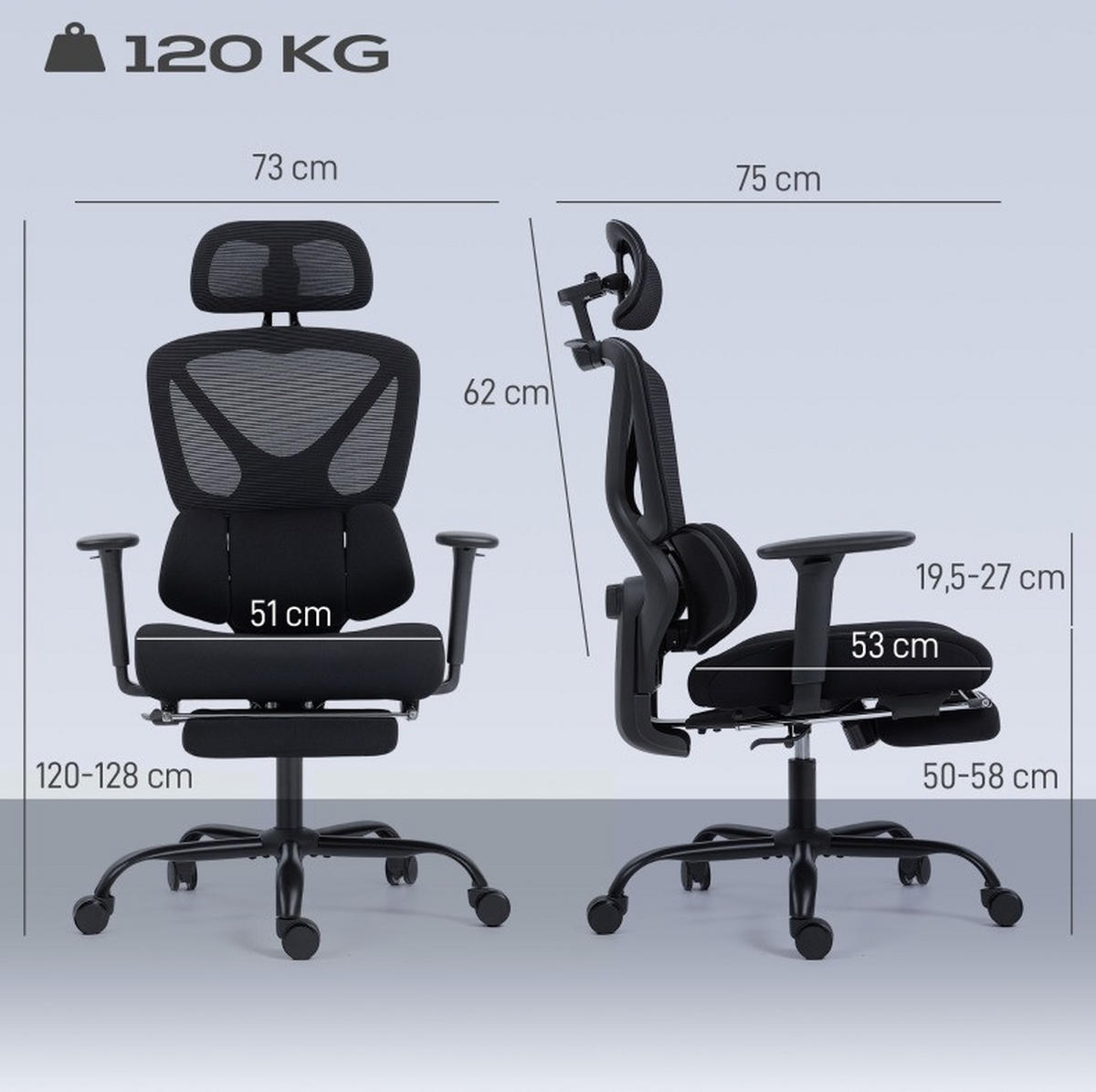 BÜROSTUHL ergonomisch mit Fußstütze Schwarz - Schwarz, Kunststoff (73/128/75cm) - Meubliv