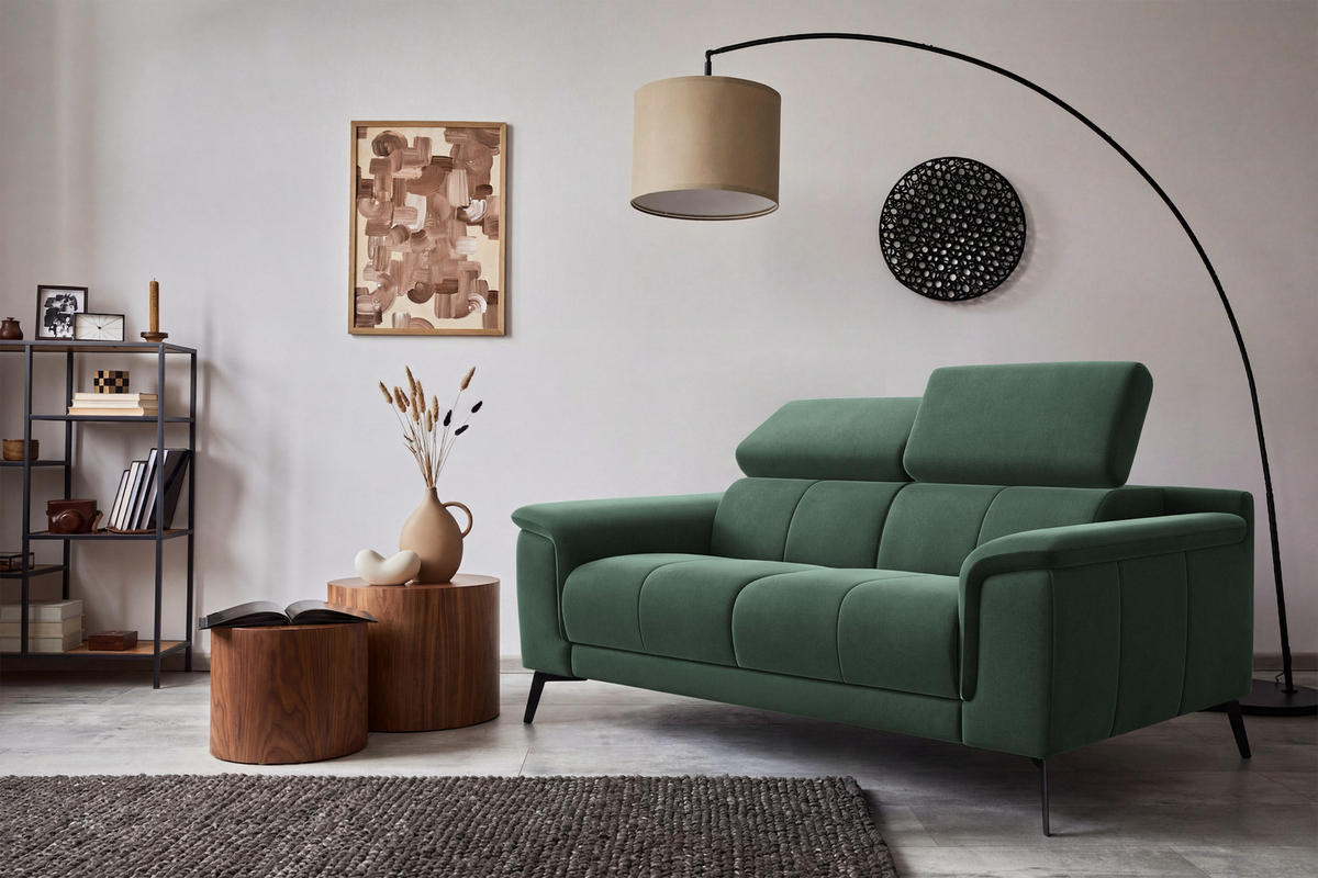 SOFA FIERO 2-Sitzer, Grüner Veloursstoff - Schwarz/Grün, Holz/Textil (170/82/103cm) - Courtois Laville