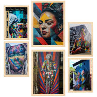 POSTER Set Mit 6 Graffiti Bunte Straßenkunst Frida Einstein Teresa Jackson A3 & A4 Rahmen Aus Hellem Holz - Beige, Papier (29/3cm) - Nacnic
