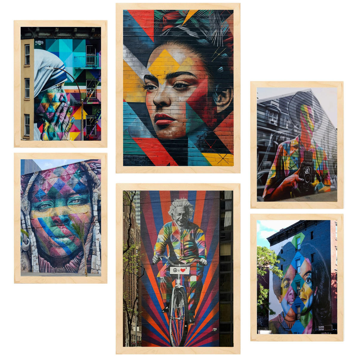 POSTER Set Mit 6 Graffiti Bunte Straßenkunst Frida Einstein Teresa Jackson A3 & A4 Rahmen Aus Hellem Holz - Beige, Papier (29/3cm) - Nacnic