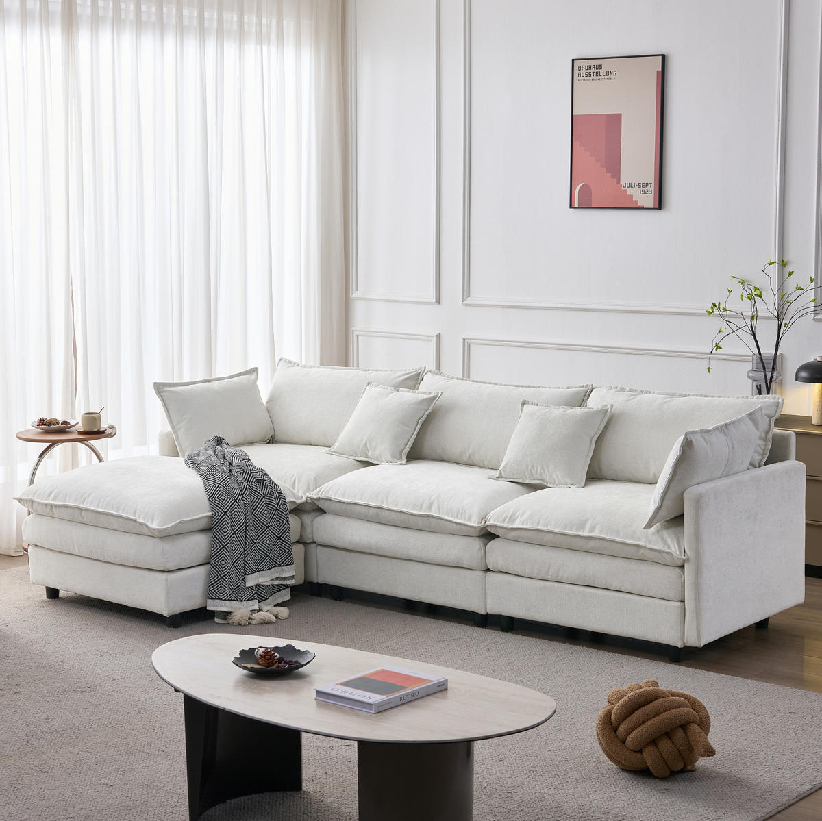 ECKSOFA 267/154/85 cm Beige aus Chenille mit Hocker modulares 3-Sitzer-Sofa - Beige, Textil (154/267cm) - OKWISH
