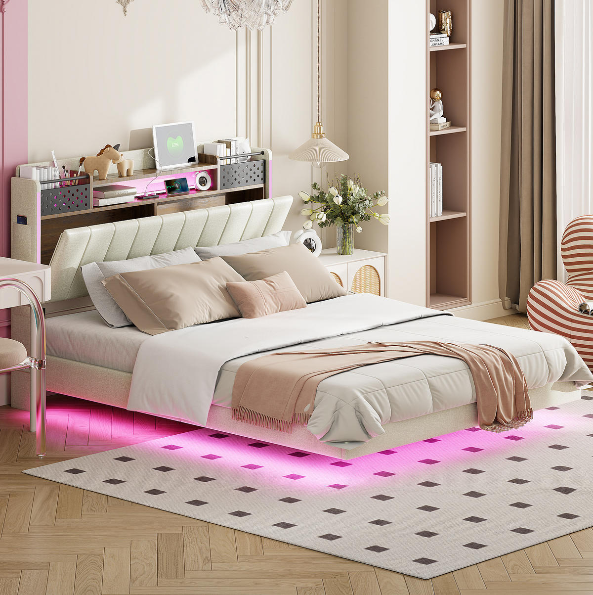 POLSTERBETT 140/200 cm Beige aus Leinenstoff mit LED-Beleuchtung und USB-Anschluss - Beige, Textil (140/200cm) - OKMYHOME