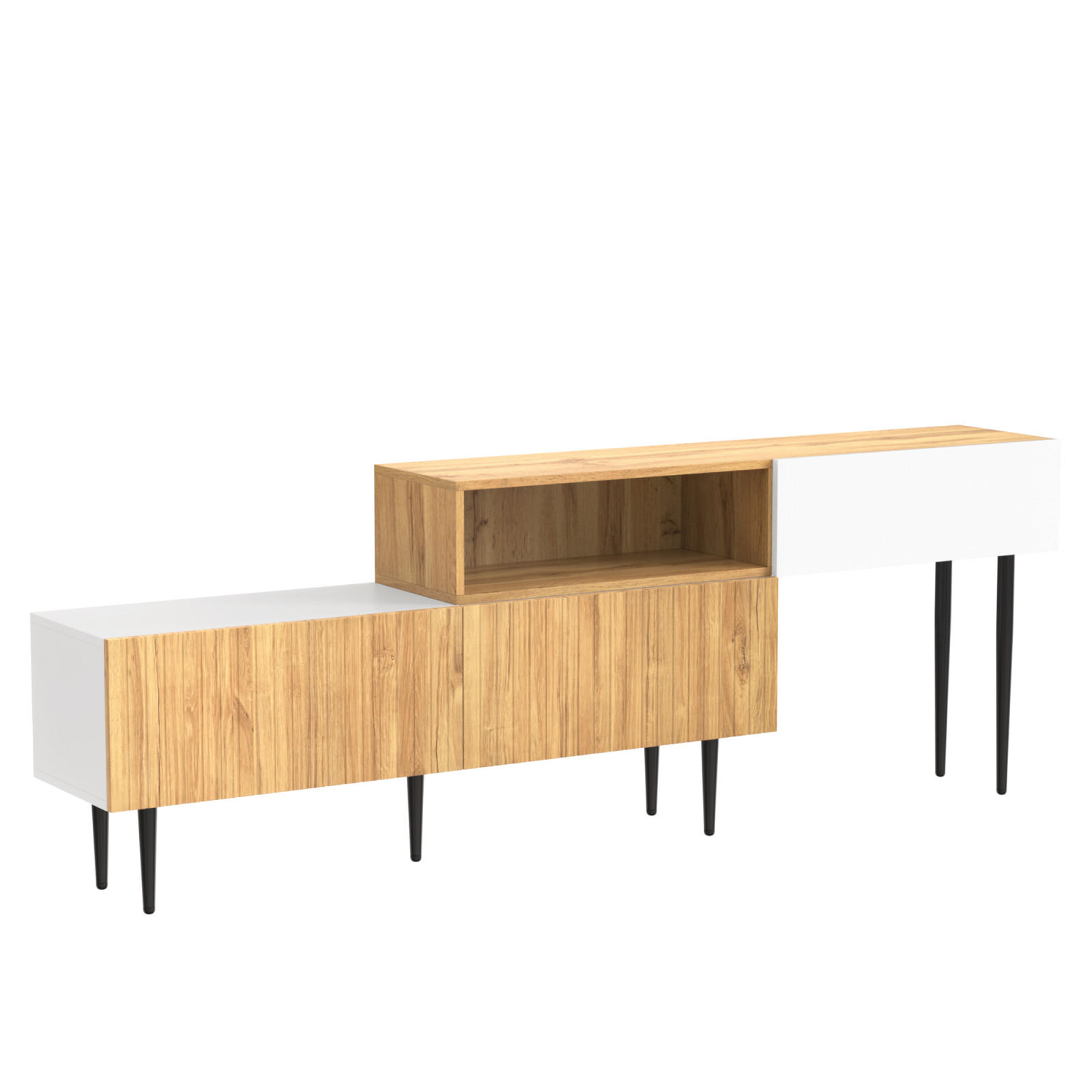 TV Lowboard verstellbar, Holzoptik, Metallfüße, Holz Weiß - Braun, Holz (220/63/28cm)