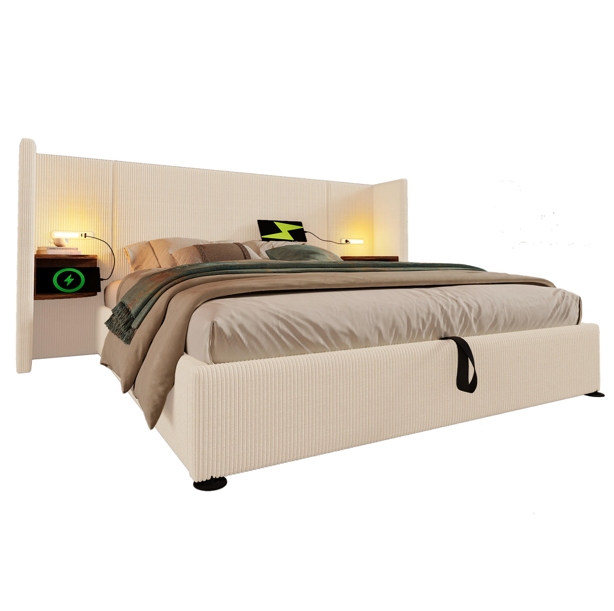 POLNJENA postelja iz cord blaga 160x200 cm bež-bela z LED bralno lučko, USB in Type-C priključkom ter hidravličnim predalom, z vzmetnico - bež, tekstil (160/200cm) - Modfu
