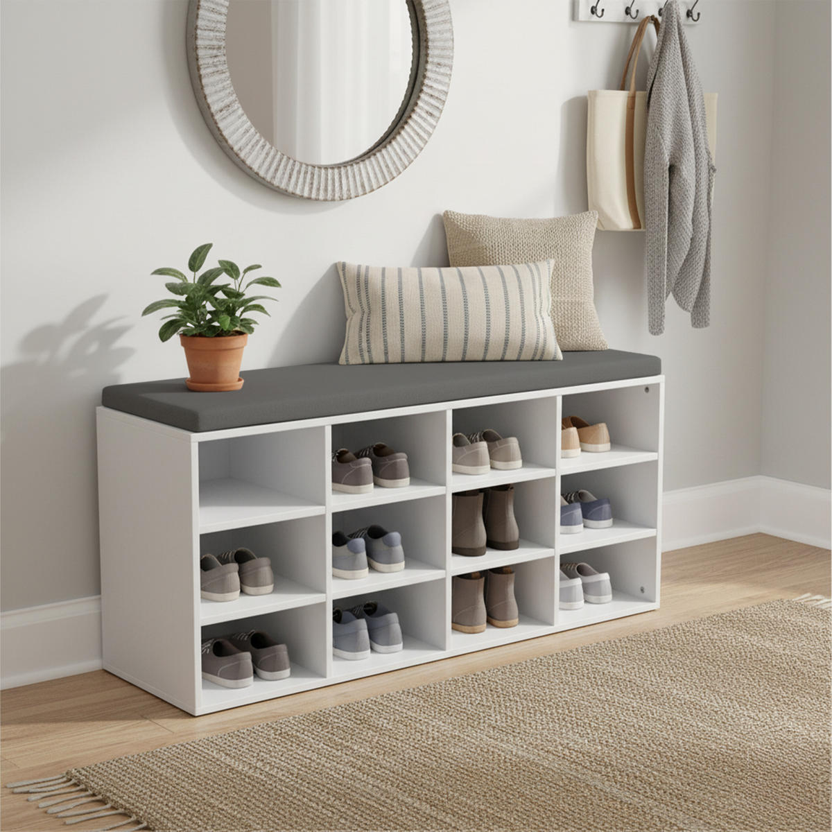 SCHUHBANK - Weiß, Holzwerkstoff/Textil (104/48/30.5cm) - Relaxdays