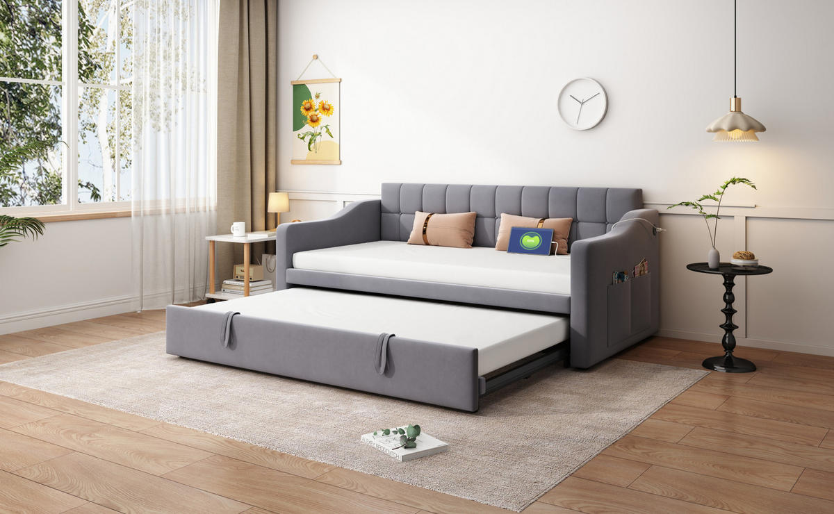 POLSTERBETT 90/190 cm Grau aus Samt ausziehbar - Grau, Textil (90/190cm) - OKMYHOME
