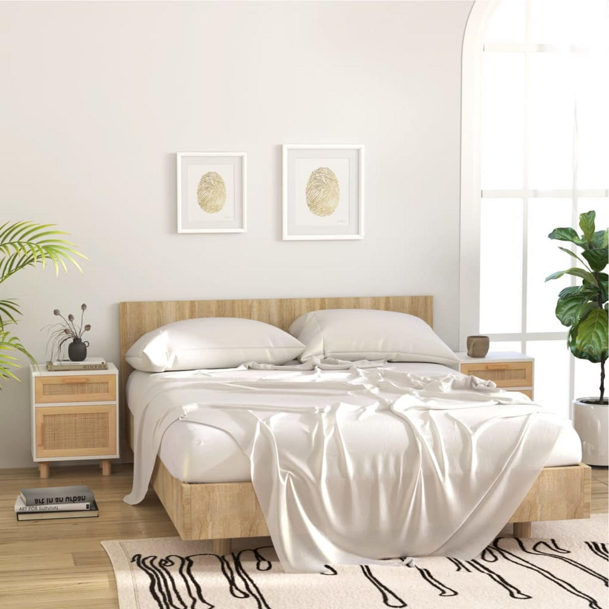 NACHTTISCHE 2 Stk. Weiß Massivholz Kiefer und Natur-Rattan - Weiß, Holz (30/50/40cm) - furnicato