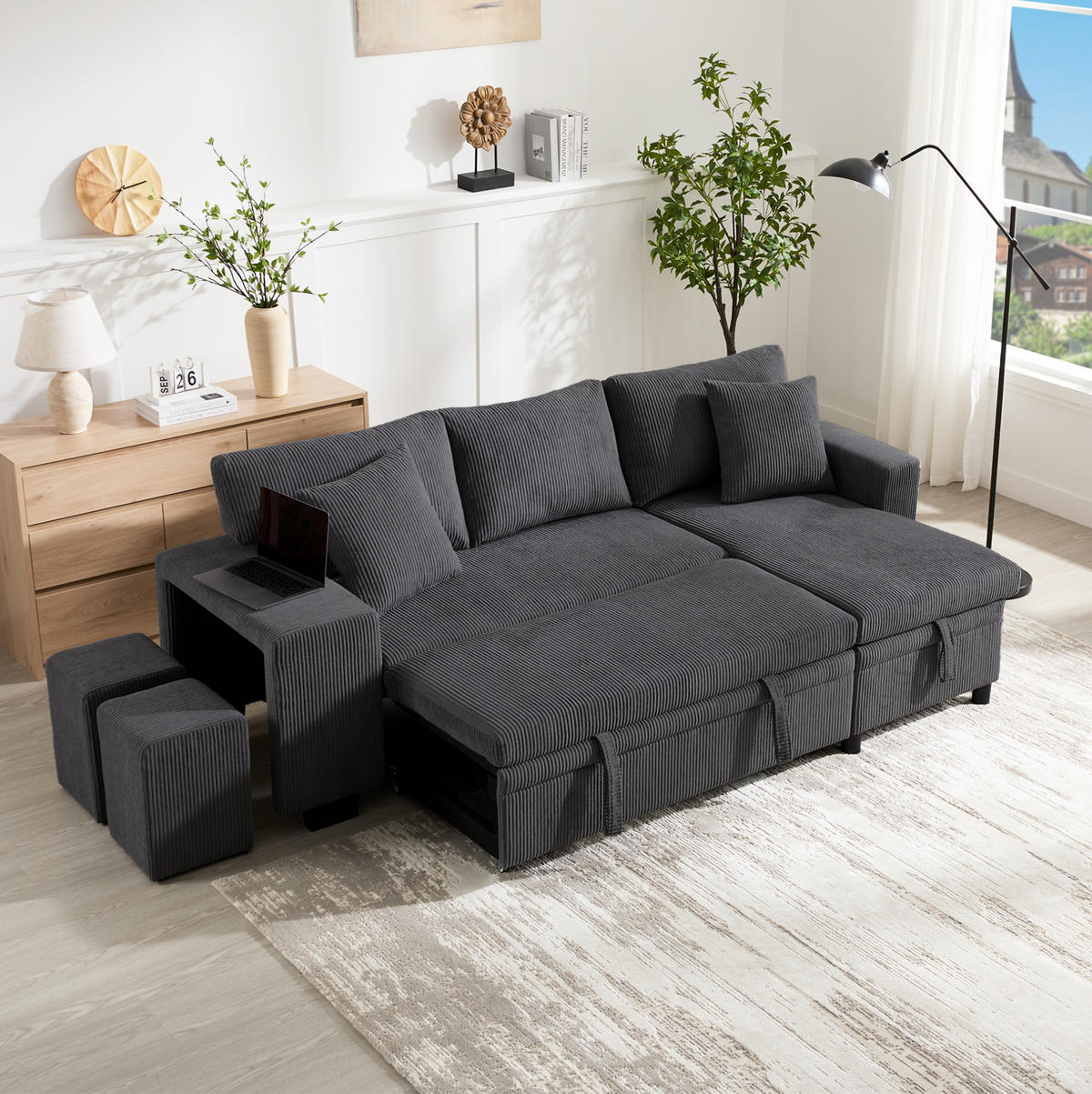 ECKSCHLAFSOFA Ecksofa Cord mit USB-Anschluss Stauraum und Ablagen Grau 231/131,5/84 cm - Grau, Textil (84/131.5cm) - Redom