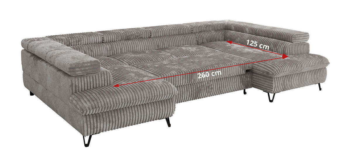 WOHNLANDSCHAFT PABLO U Cord Hellgrau mit Topper T25 - Hellgrau/Schwarz, Textil/Metall (346/76/208cm) - MKS