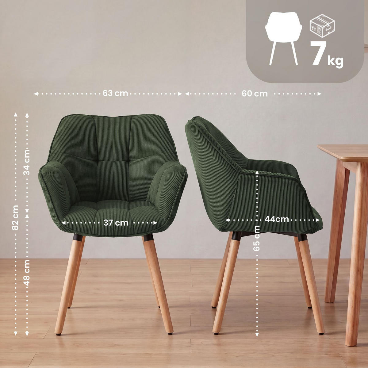 ARMLEHNENSTUHL Cord Grün - Grün, Holz/Textil (63/82/60cm) - CLP