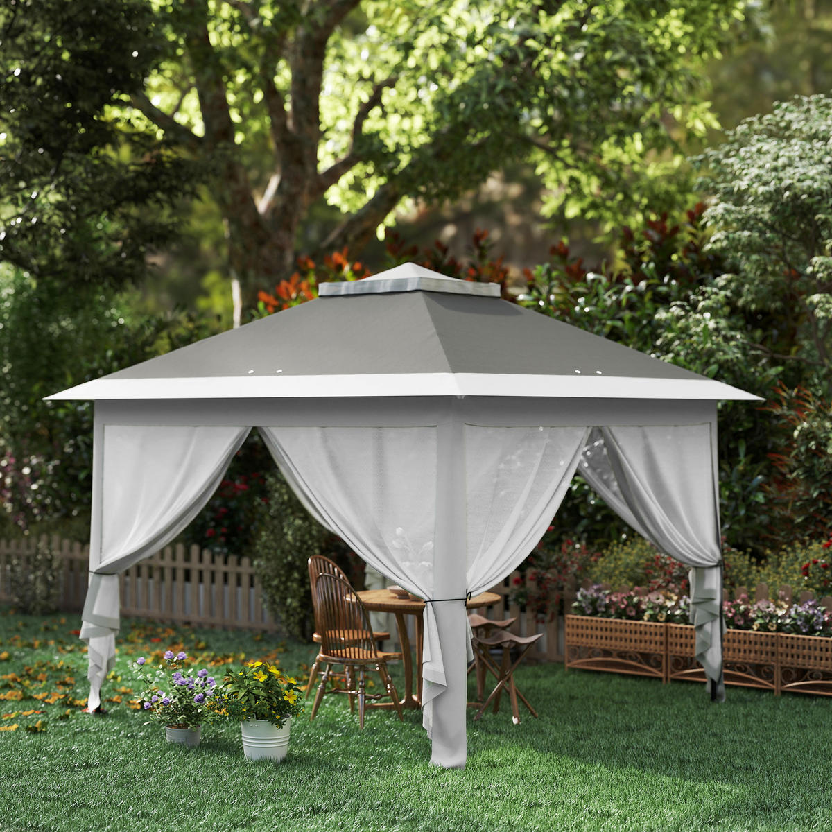 PAVILLON DE-07448 mit Netzvorhängen und Entwässerungslöchern Grau - Dunkelgrau, Textil/Metall (330/288/330cm) - ComfortXL
