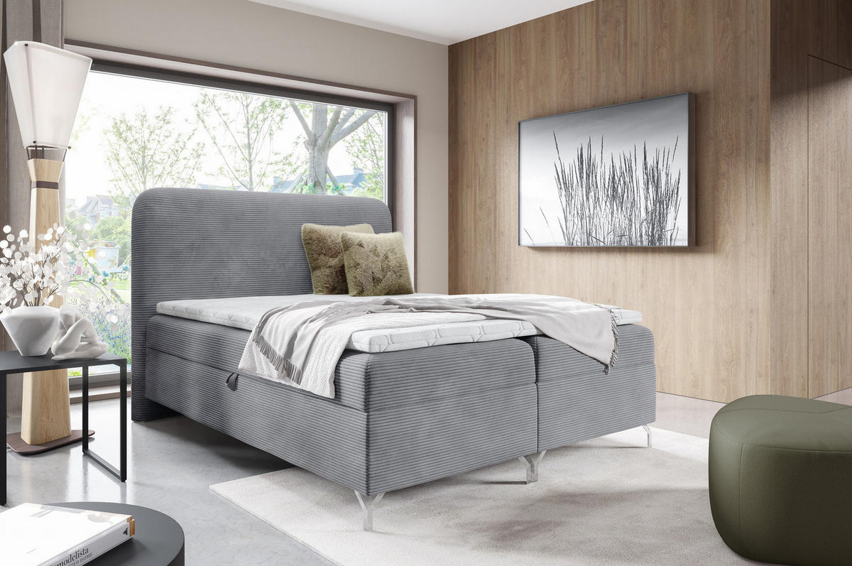 BOXSPRINGBETT mit Matratze H3 140x200 Rotos, Cordstoff, Bettkasten, Hellgrau - Hellgrau, Holz/Textil (140/200cm) - Emporius